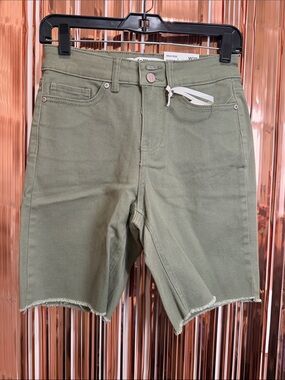 Dollhouse Olive High-Rise Bermuda Shorts with Raw Hem
